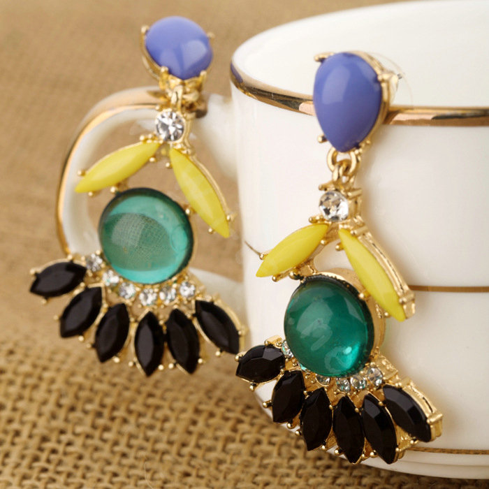 Luxury Crystal Blue Gemstone Flower Drop Stud Earrings Gold Plated Women Fashion Jewelry