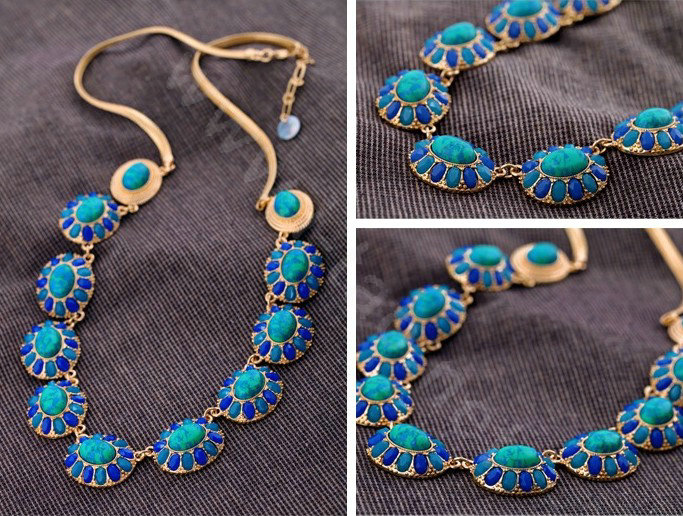 Luxury Crystal Blue Gemstone Pendant Choker long Unique Statement Necklace Women Jewelry