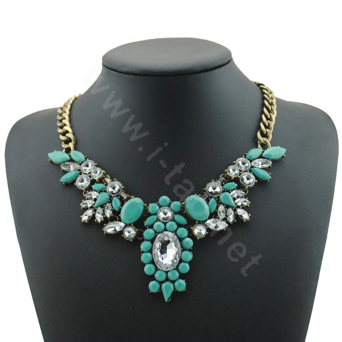 Luxury Crystal Flower Gemstone Pendant Choker Statement Bib Necklace Women Jewelry - Green