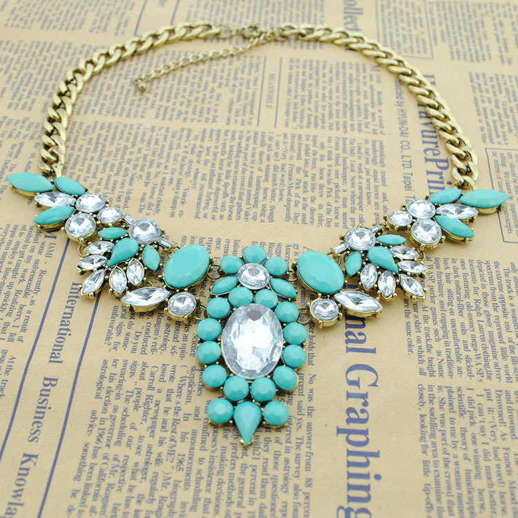 Luxury Crystal Flower Gemstone Pendant Choker Statement Bib Necklace Women Jewelry - Green