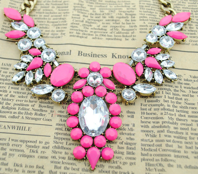 Luxury Crystal Flower Gemstone Pendant Choker Statement Bib Necklace Women Jewelry - Rose