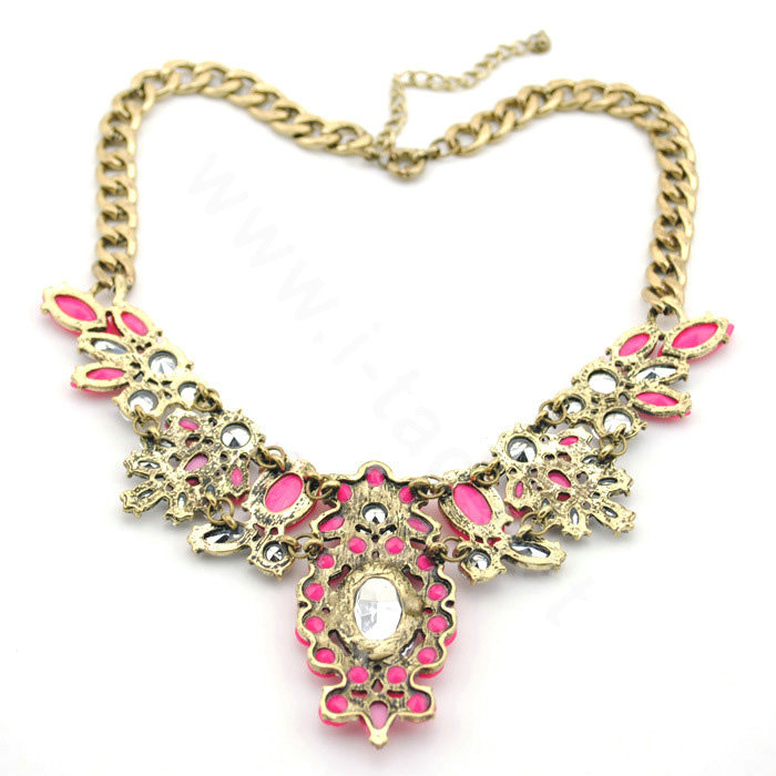 Luxury Crystal Flower Gemstone Pendant Choker Statement Bib Necklace Women Jewelry - Rose