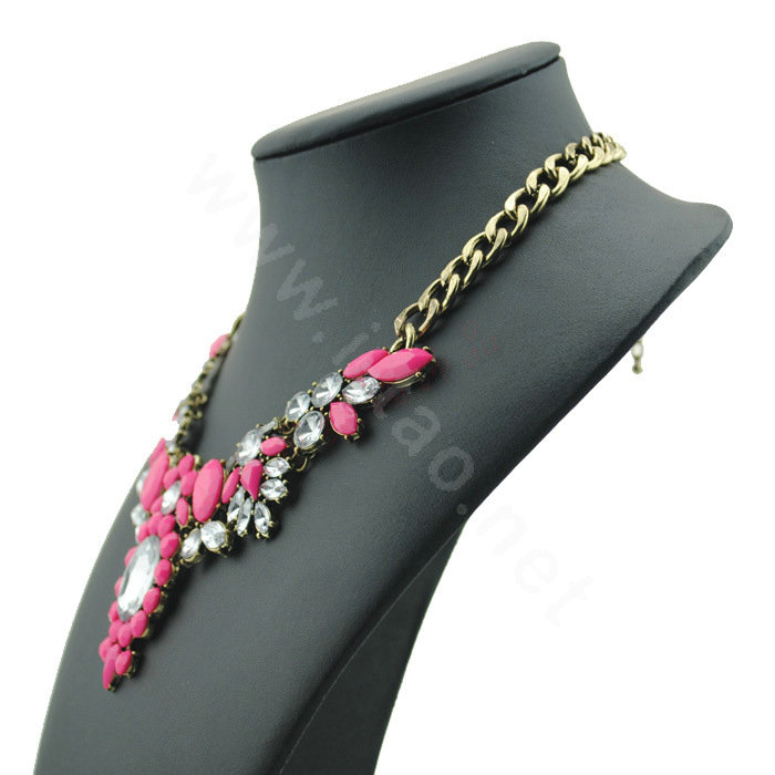 Luxury Crystal Flower Gemstone Pendant Choker Statement Bib Necklace Women Jewelry - Rose