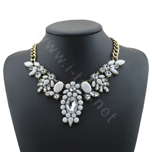 Luxury Crystal Flower Gemstone Pendant Choker Statement Bib Necklace Women Jewelry - White