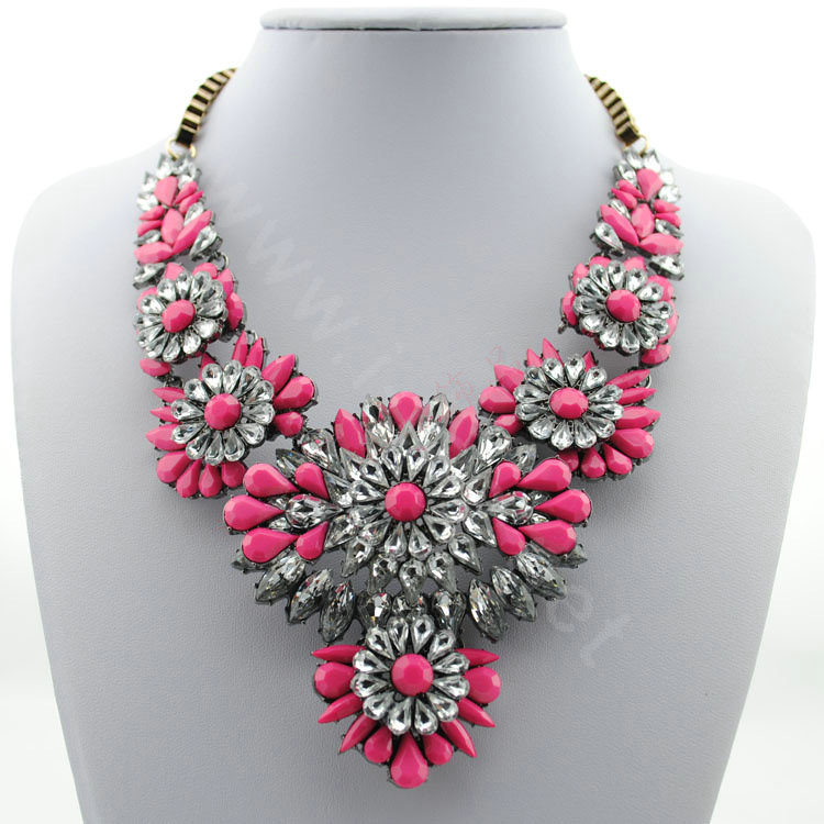 Luxury Crystal Flower Wings Pendants Chokers Statement Bib Necklace Women Jewelry - Rose