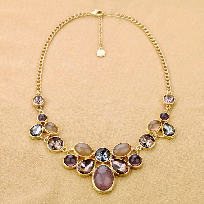 Luxury Crystal Gemstone Alloy Pendant Choker Bib Statement Necklace Women Jewelry - Purple