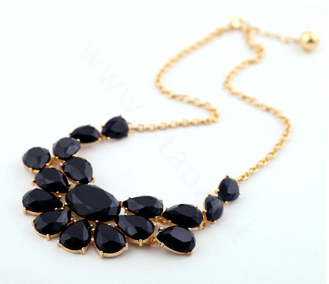 Luxury Crystal Gemstone Flower Pendant Choker Bib Statement Necklace Women Jewelry - Black