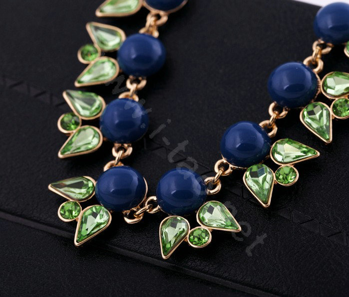 Luxury Crystal Gemstone Flower Pendant Choker Bib Statement Necklace Women Jewelry - Blue
