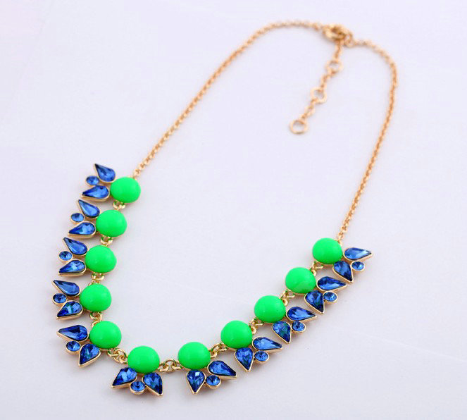 Luxury Crystal Gemstone Flower Pendant Choker Bib Statement Necklace Women Jewelry - Green+Blue