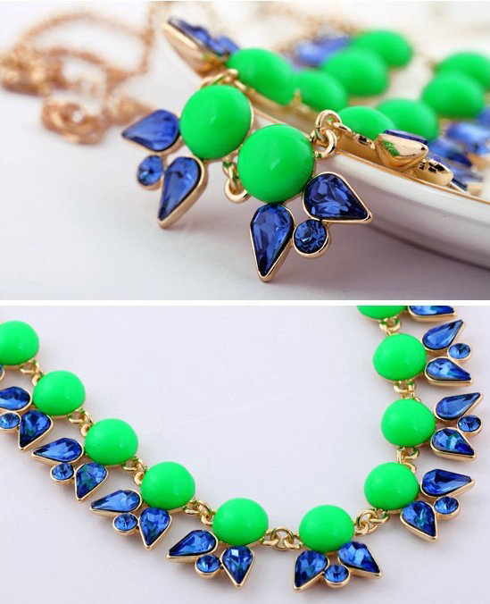 Luxury Crystal Gemstone Flower Pendant Choker Bib Statement Necklace Women Jewelry - Green+Blue