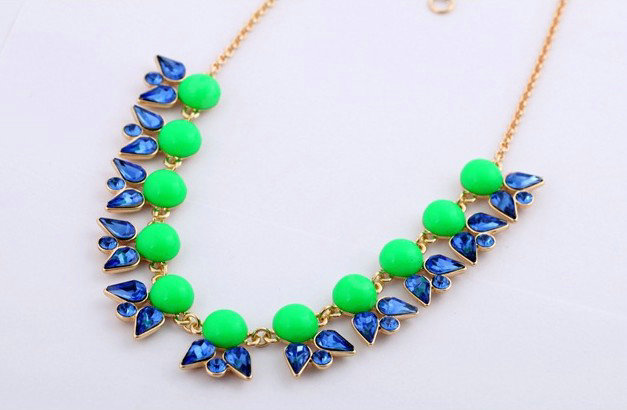 Luxury Crystal Gemstone Flower Pendant Choker Bib Statement Necklace Women Jewelry - Green+Blue