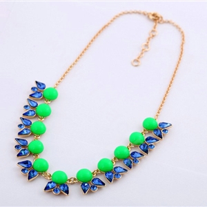 Luxury Crystal Gemstone Flower Pendant Choker Bib Statement Necklace Women Jewelry - Green+Blue