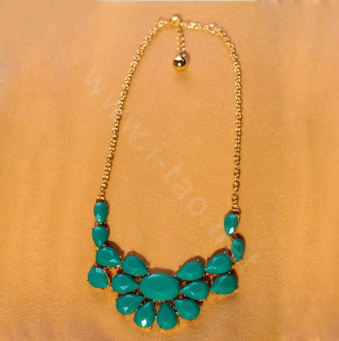 Luxury Crystal Gemstone Flower Pendant Choker Bib Statement Necklace Women Jewelry - Green