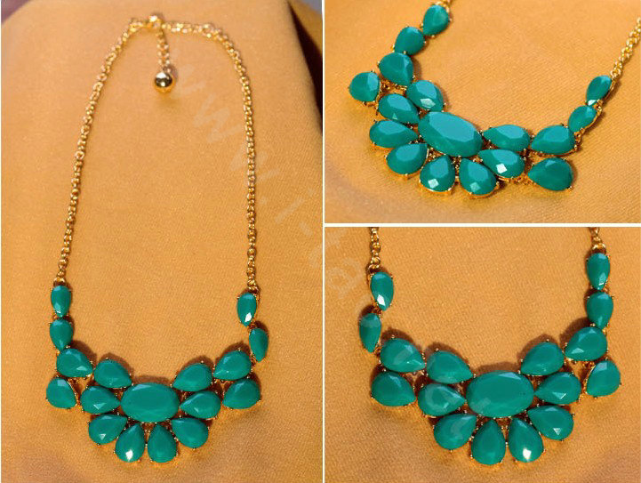 Luxury Crystal Gemstone Flower Pendant Choker Bib Statement Necklace Women Jewelry - Green