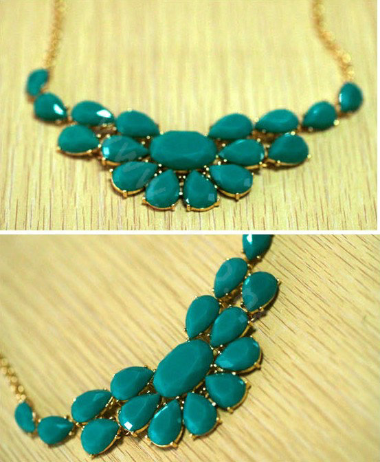 Luxury Crystal Gemstone Flower Pendant Choker Bib Statement Necklace Women Jewelry - Green