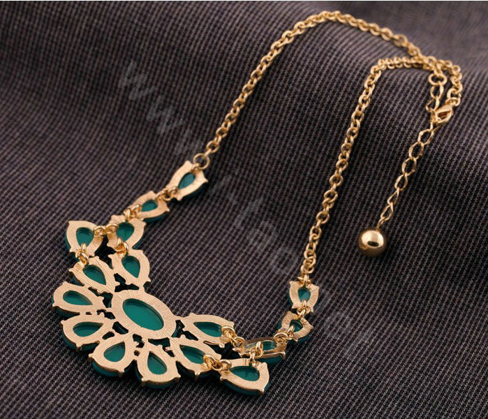 Luxury Crystal Gemstone Flower Pendant Choker Bib Statement Necklace Women Jewelry - Green