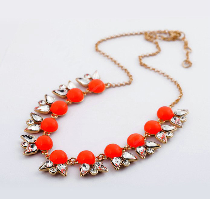 Luxury Crystal Gemstone Flower Pendant Choker Bib Statement Necklace Women Jewelry - Orange