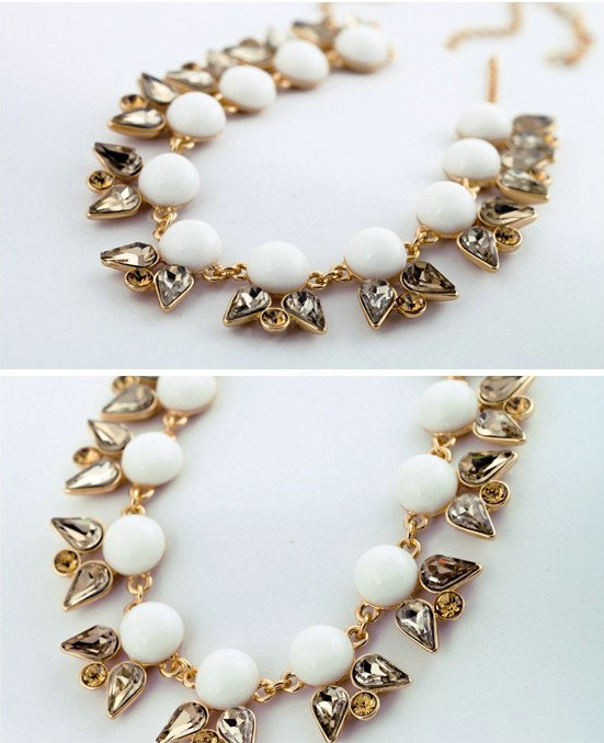 Luxury Crystal Gemstone Flower Pendant Choker Bib Statement Necklace Women Jewelry - White