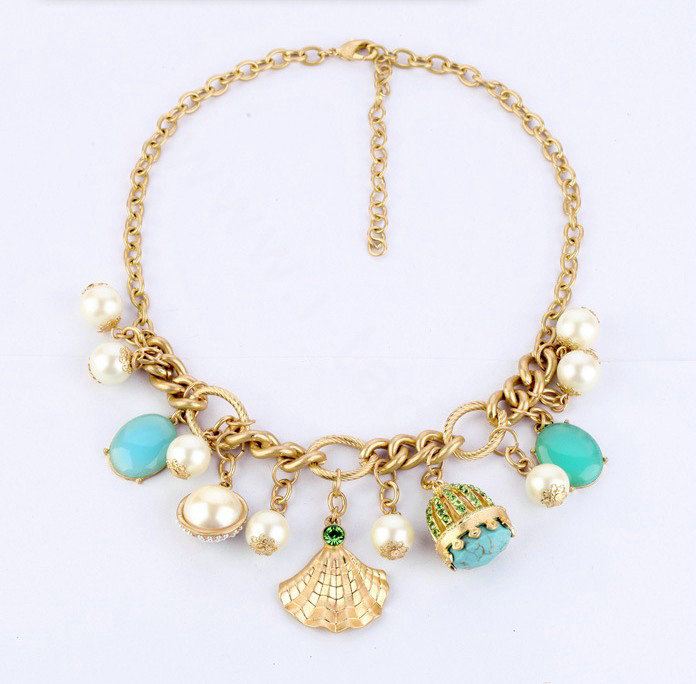 Luxury Crystal Gemstone Pearl Tranquil blue charm Pendant Choker Statement Necklace Women Jewelry