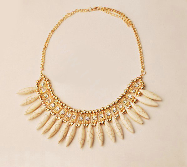 Luxury Crystal Gemstone Pendant Bohemia Choker Bib Statement Necklace Women Jewelry - Beige