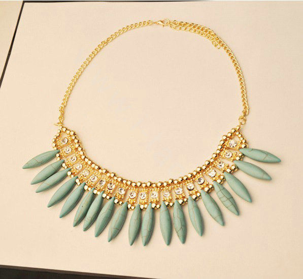 Luxury Crystal Gemstone Pendant Bohemia Choker Bib Statement Necklace Women Jewelry - Blue