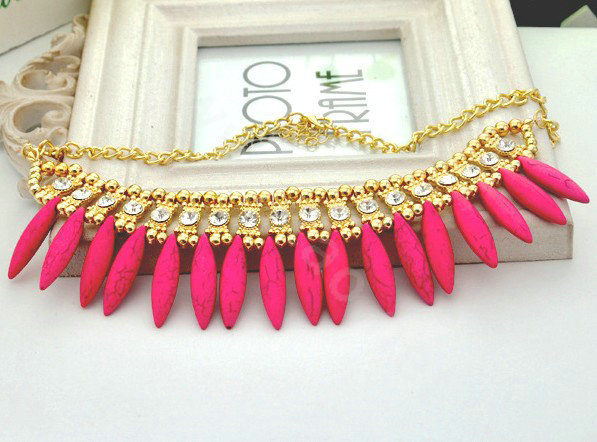 Luxury Crystal Gemstone Pendant Bohemia Choker Bib Statement Necklace Women Jewelry - Rose