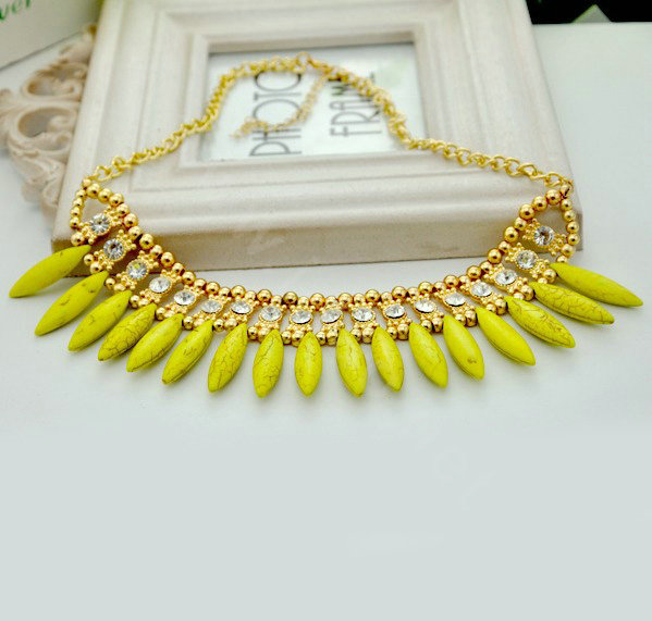 Luxury Crystal Gemstone Pendant Bohemia Choker Bib Statement Necklace Women Jewelry - Yellow