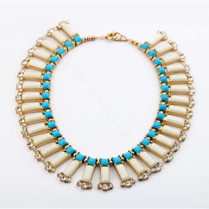 Luxury Crystal Gemstone Pendant Choker Bohemia Bib Statement Necklace Women Jewelry - Beige+Blue