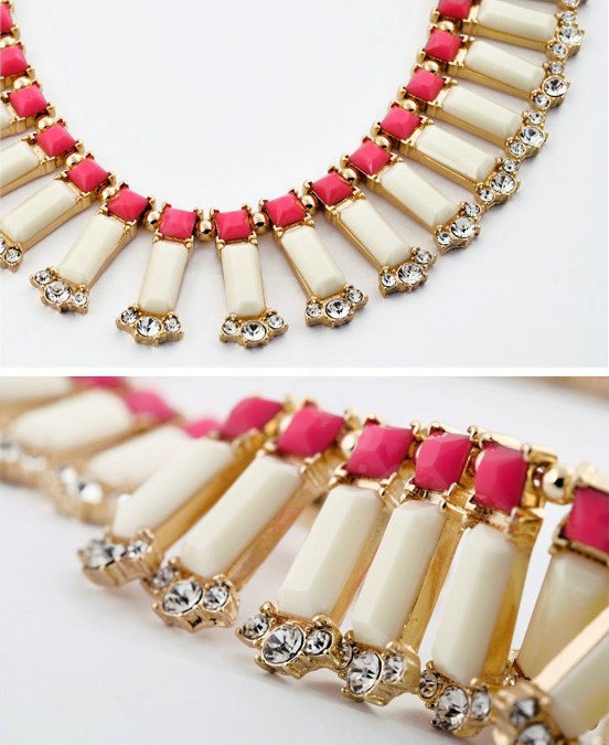 Luxury Crystal Gemstone Pendant Choker Bohemia Bib Statement Necklace Women Jewelry - Beige+Rose