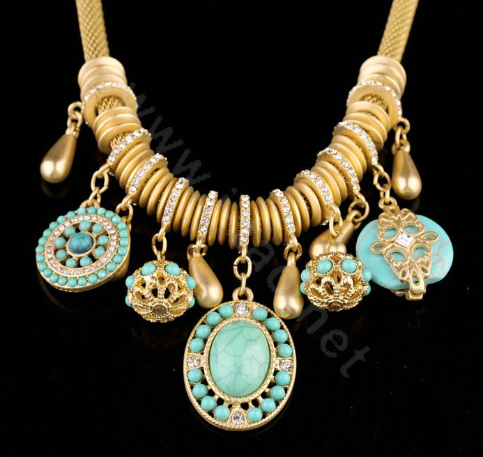 Luxury Crystal Gemstone Pendant Choker Snake chain Bib Statement Necklace Women Jewelry - Blue
