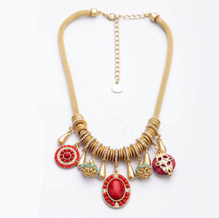 Luxury Crystal Gemstone Pendant Choker Snake chain Bib Statement Necklace Women Jewelry - Red