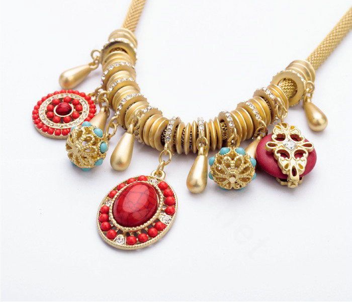 Luxury Crystal Gemstone Pendant Choker Snake chain Bib Statement Necklace Women Jewelry - Red