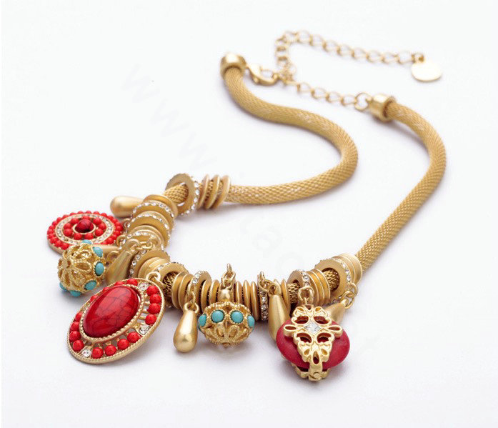 Luxury Crystal Gemstone Pendant Choker Snake chain Bib Statement Necklace Women Jewelry - Red