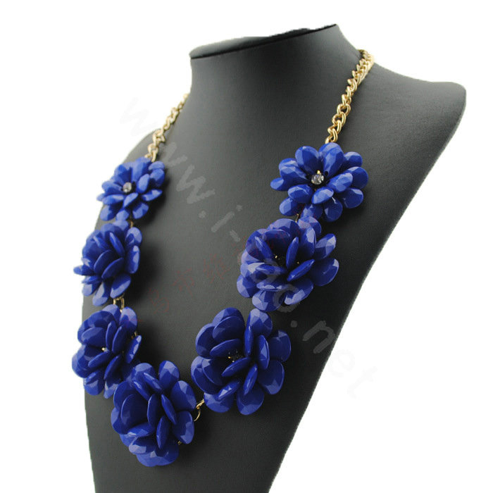 Luxury Crystal Gemstone Pendant Seven flowers Choker Statement Bib Necklace Women Jewelry - Blue