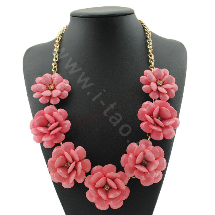 Luxury Crystal Gemstone Pendant Seven flowers Choker Statement Bib Necklace Women Jewelry - Pink