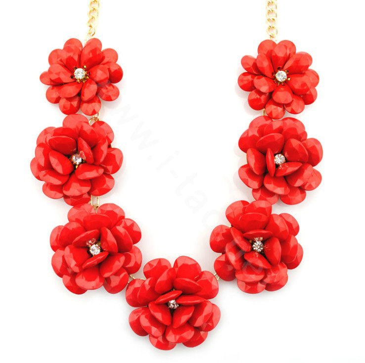 Luxury Crystal Gemstone Pendant Seven flowers Choker Statement Bib Necklace Women Jewelry - Red