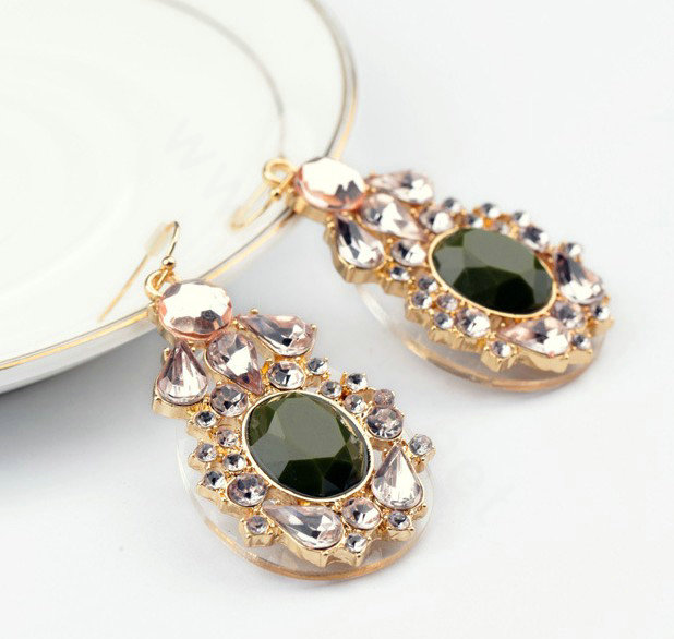 Luxury Crystal Green Gemstone Raindrop Dangle Earrings Gold Plated Women Fashion Jewelry