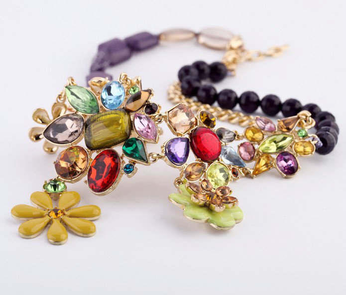 Luxury Crystal Multicolor Gemstone Alloy Flower Pendant Choker Bib Statement Necklace Women Jewelry