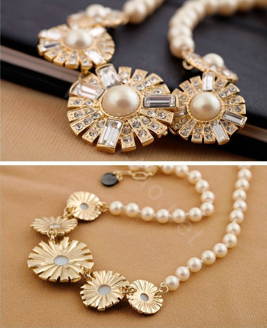 Luxury Crystal Pearl Alloy Flower Pendant Choker Bib Statement Necklace Women Jewelry - White