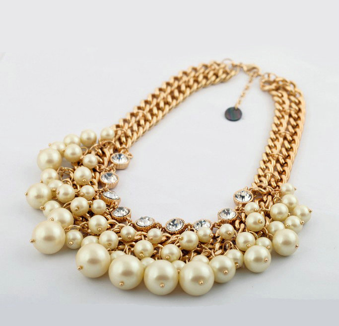 Luxury Crystal Pearl Multilayer Pendant Choker Bib Statement Necklace Women Jewelry - Beige