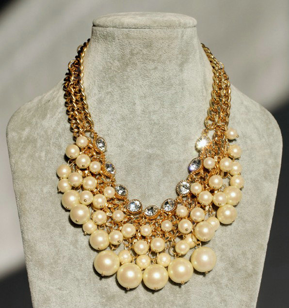 Luxury Crystal Pearl Multilayer Pendant Choker Bib Statement Necklace Women Jewelry - Beige