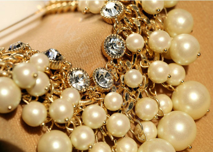 Luxury Crystal Pearl Multilayer Pendant Choker Bib Statement Necklace Women Jewelry - Beige