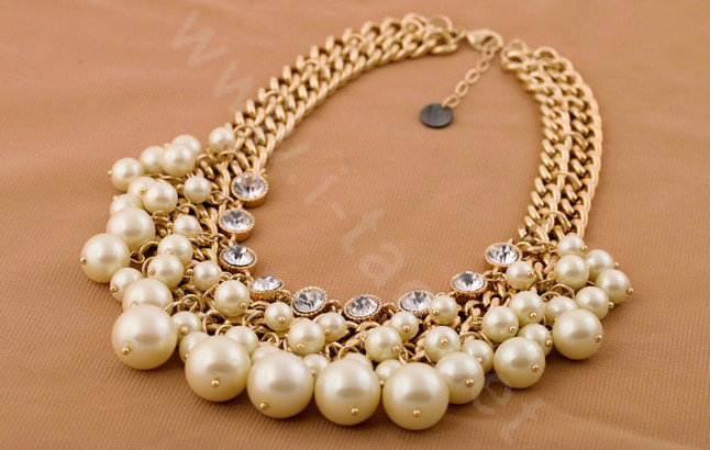 Luxury Crystal Pearl Multilayer Pendant Choker Bib Statement Necklace Women Jewelry - Beige