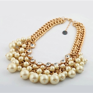 Luxury Crystal Pearl Multilayer Pendant Choker Bib Statement Necklace Women Jewelry - Beige