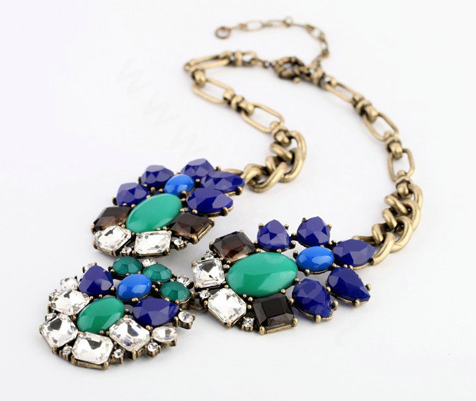Luxury Crystal Retro Blue Gemstone charm Pendant Choker Bib Statement Necklace Women Jewelry