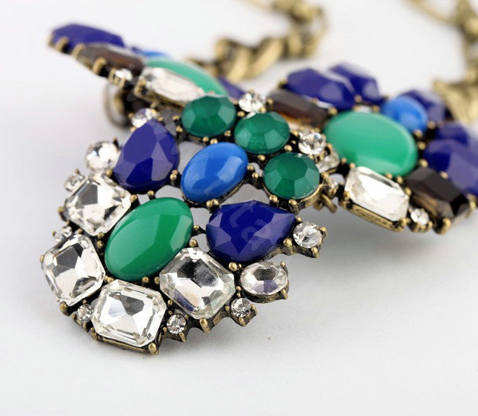 Luxury Crystal Retro Blue Gemstone charm Pendant Choker Bib Statement Necklace Women Jewelry