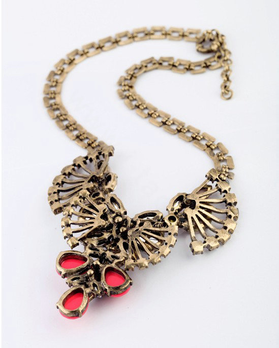 Luxury Crystal Retro Gemstone Flower Pendant Choker Bib Statement Necklace Women Jewelry - Red