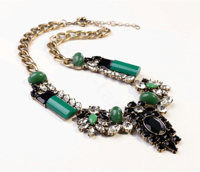 Luxury Crystal Retro Gemstone charm Pendant Choker Bib Statement Necklace Women Jewelry - Black