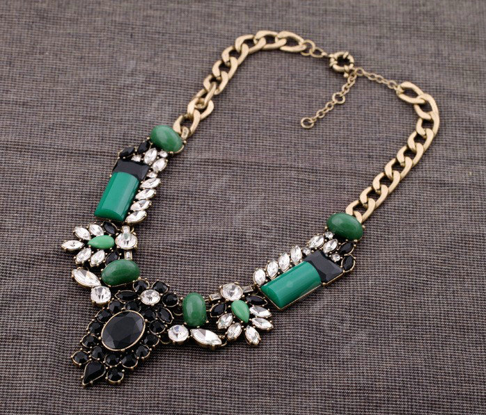 Luxury Crystal Retro Gemstone charm Pendant Choker Bib Statement Necklace Women Jewelry - Black