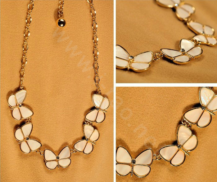 Luxury Crystal Shell Butterfly Pendant Choker Bib Statement Necklace Women Jewelry - White